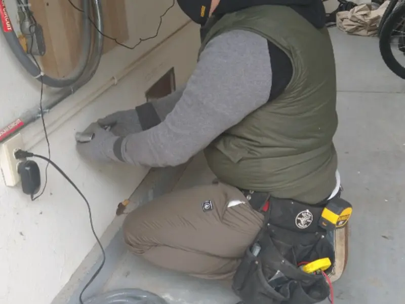 Electrician performing outlet wiring in a Kaukauna garage
